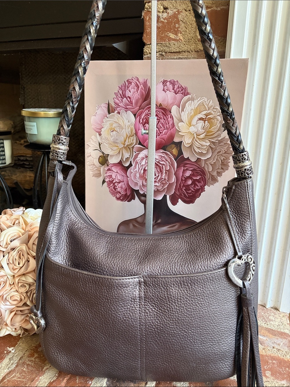 Brighton Metallic Brown Pebbled Leather Hobo with Braided Strap and Heart Charm